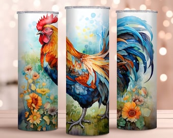 Watercolor Rooster 20oz Skinny Tumbler Wrap - Sublimation Design - Chicken Tumbler Wrap Design - Rooster Tumbler Wrap