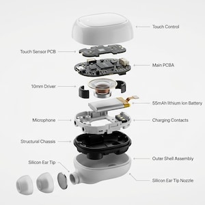 May include: An exploded diagram of a white wireless earbud, displaying its internal parts. The image highlights the touch control, touch sensor PCB, 10mm driver, 55mAh lithium ion battery, microphone, structural chassis, and silicon ear tip. The earbud is taken apart to show its inner workings.