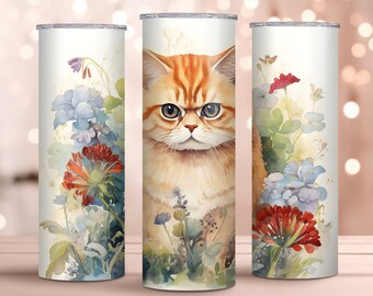Watercolor Exotic Shorthair Cat Design - 20oz Skinny Tumbler Wrap - Perfect Gift - Sublimation Design