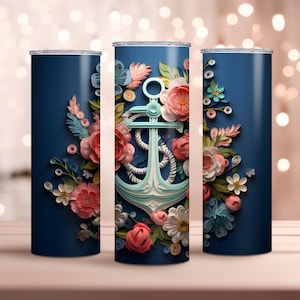 Anchor and Flowers Tumbler: Nautical Floral Design (Digital Image)