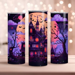 Halloween 20oz Skinny Tumbler Wrap - Bat, Moon, Haunted House - Sublimation Design - Instant Download