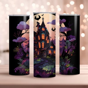 Halloween 20oz Skinny Tumbler Wrap - Bat, Moon, Haunted House - Sublimation Design - Instant Download