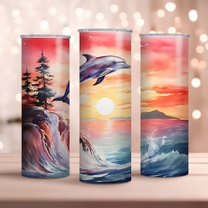Watercolor Dolphin Sunset Tumbler - Tropical Island Scene Cup - Serene Ocean Sunset Drinkware - Vibrant Beach Themed Tumbler