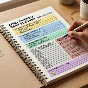 Może przedstawiać: Otwarty, spiralny planer dzienny z sekcjami na priorytety, zadania i terminy. Ręka z długopisem pisze w planerze. Mały sukulent i kubek kawy znajdują się na drewnianej powierzchni.