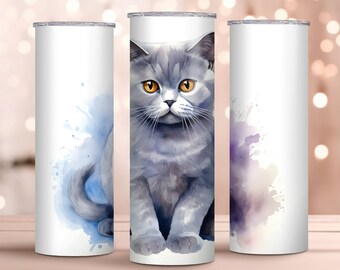 Watercolor British Shorthair Design - 20oz Skinny Tumbler Wrap - Cat Tumbler Wrap Design - Sublimation Design - Instant Download