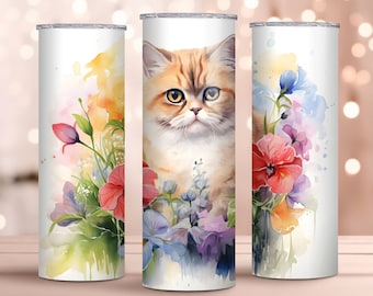 Watercolor Exotic Shorthair Cat Design - 20oz Skinny Tumbler Wrap - Perfect Gift - Sublimation Design
