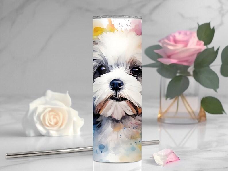 Watercolor Shih Tzu Design , 20oz Skinny Tumbler Wrap, Sublimation ...