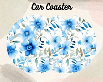Blue Floral Car Coaster, Watercolor Flower Design (Instant Download)