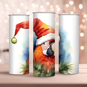 Watercolor Christmas Macaw 20oz Skinny Tumbler Wrap - Christmas Parrot Tumbler Wrap PNG - Sublimation Design - Instant Download
