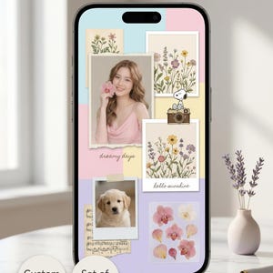 Puede incluir: Una pantalla de teléfono inteligente muestra un collage de fotos e ilustraciones florales. Las imágenes incluyen una mujer con una flor, un cachorro y arte botánico. El texto incluye "dreamy days", "hello sunshine", "Custom Photo" y "Set of 4".