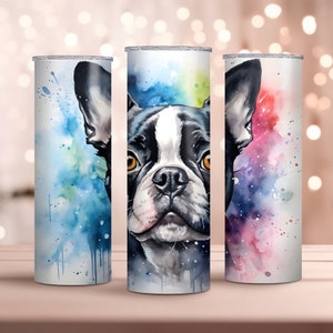 Aquarelle Boston Terrier Design , 20oz Skinny Tumbler Wrap, Sublimation Design, Téléchargement instantané