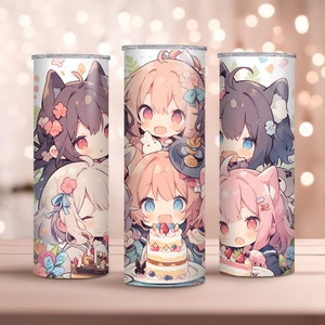Kawaii Anime Mädchen 20oz Skinny Tumbler Wrap | Entzückendes Anime Character Design | Trinkgefäß Dekor | Chibi Anime | Sofort Download