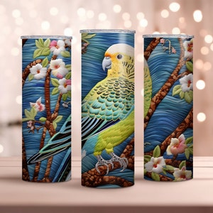 Embroidered Budgerigar 20oz Skinny Tumbler Wrap - Parakeet Tumbler Wrap PNG - Sublimation Design - Instant Download