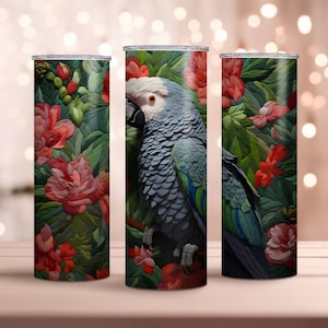 Perroquet gris d&#39;Afrique brodé 20 oz Skinny Tumbler Wrap - Perroquet Tumbler Wrap PNG - Sublimation Design - téléchargement immédiat