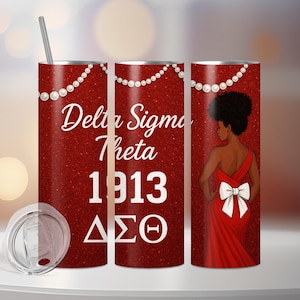 Delta Sigma Theta 1913 Tumbler Wrap PNG – Red Glitter DST Skinny Tumbler Sublimation Design – African American Sorority Printable Wrap