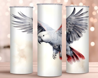 Watercolor African Grey Parrot 20oz Skinny Tumbler Wrap - Parrot Tumbler Wrap PNG - Sublimation Design - Instant Download
