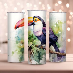 Aquarela Tucano 20oz Skinny Tumbler Wrap - Tucano Tumbler Wrap PNG - Design de Sublimação - Download Instantâneo