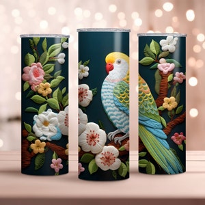 Embroidered Budgerigar 20oz Skinny Tumbler Wrap - Parakeet Tumbler Wrap PNG - Sublimation Design - Instant Download