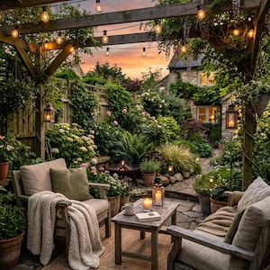 Puede incluir: Un acogedor salón al aire libre con sillas de madera, una mesita y una alfombra tejida. Luces de cadena cuelgan de una pérgola de madera, iluminando el exuberante jardín lleno de plantas y flores. Un brasero brilla en el fondo.
