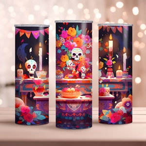 Envoltura de vaso flaco de 20 oz del Día de los Muertos - Escena colorida y vibrante del Día de los Muertos, diseño de sublimación para el espíritu festivo.