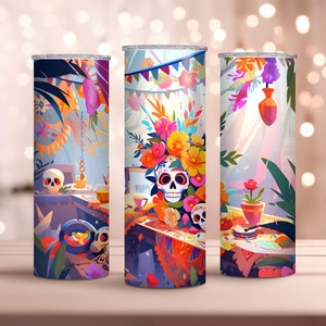 Colorful Dia de los Muertos 20oz Skinny Tumbler Wrap - Vibrant Day of the Dead Scene, Sublimation Design for an Artistic Touch!