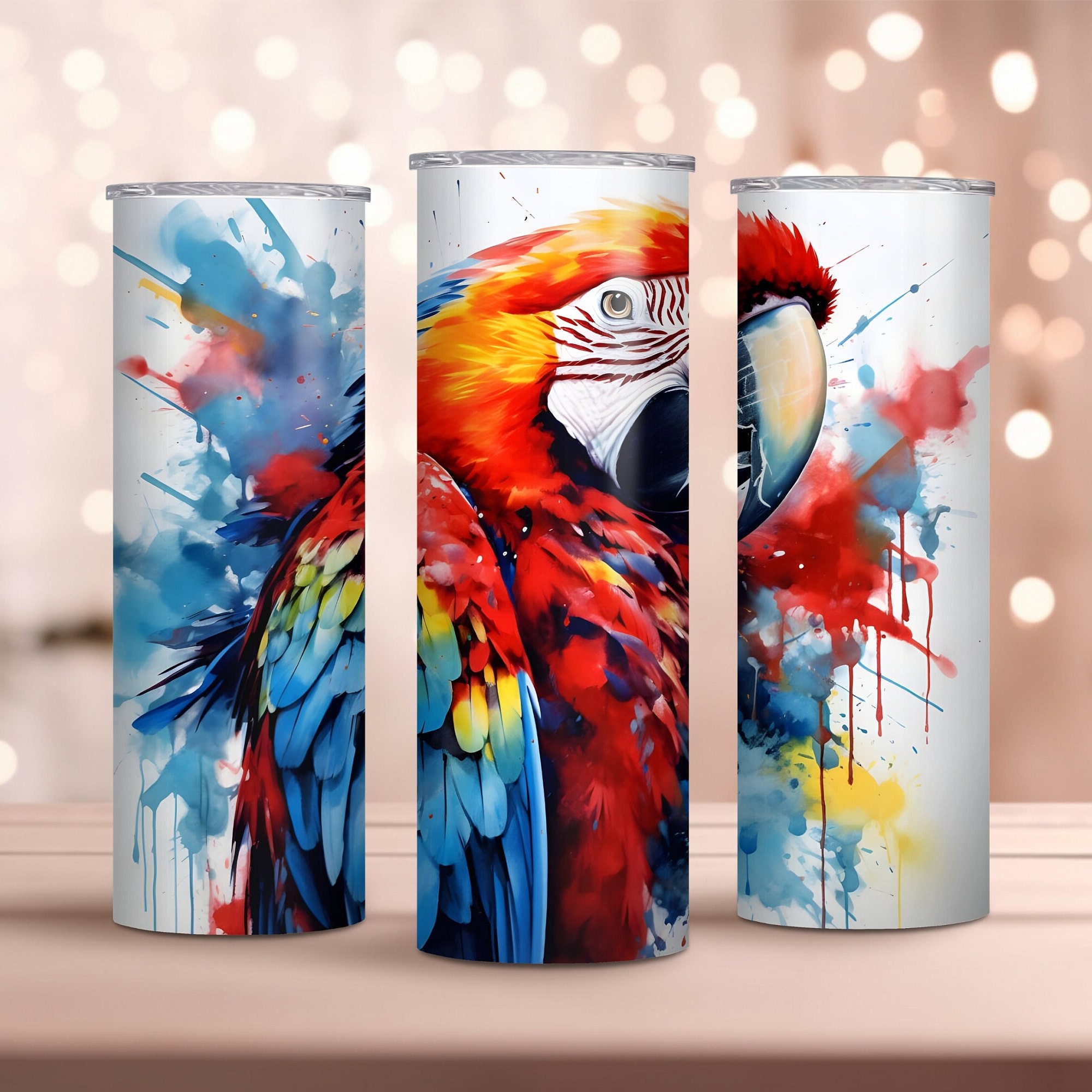 Watercolor Macaw 20oz Skinny Tumbler Wrap - Parrot Tumbler Wrap PNG - Sublimation Design - Instant Download