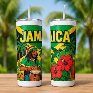 Jamaica 5-Pack 20 oz Tumbler Wraps PNG | 9.3 × 8.2 in Sublimation Designs – Reggae Lion, Sunset Beach, Drums & Flag