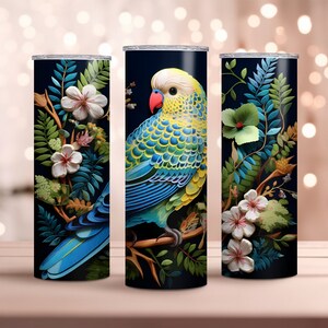 Embroidered Budgerigar 20oz Skinny Tumbler Wrap - Parakeet Tumbler Wrap PNG - Sublimation Design - Instant Download