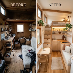 May include: A split image shows a before-and-after transformation of a small cabin interior. The "before" side depicts a cluttered space with exposed wood, while the "after" side reveals a clean, modern design with a loft bed, built-in storage, and a small kitchen.