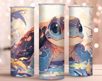Kawaii Turtle 20oz Skinny Tumbler Wrap - Regalo para los amantes de las tortugas - Diseño de sublimación - Descarga instantánea