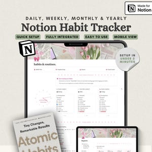 Notion Habit Tracker, Notion Routines, Daily, Weekly, Monthly Notion Habits for Productivity, That Girl Notion Template, Pink Notion