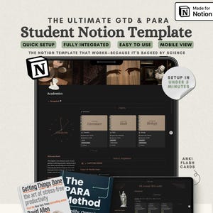 Notion Student Planner, GTD Notion Template, PARA Method Notion, Assignment Tracker, Task Manager , Study Tracker, Notion Dark Academia