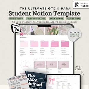 GTD Notion Template, Student Notion Planner, PARA Method Notion, Assignment Tracker, Task Manager, Pink Notion Template Student, Study Hub