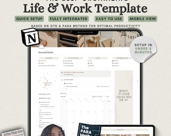 GTD Planner Notion, Notion Life Planner Second Brain, Work and Task Management, ADHD Friendly Notion Project Template, That Girl Notion
