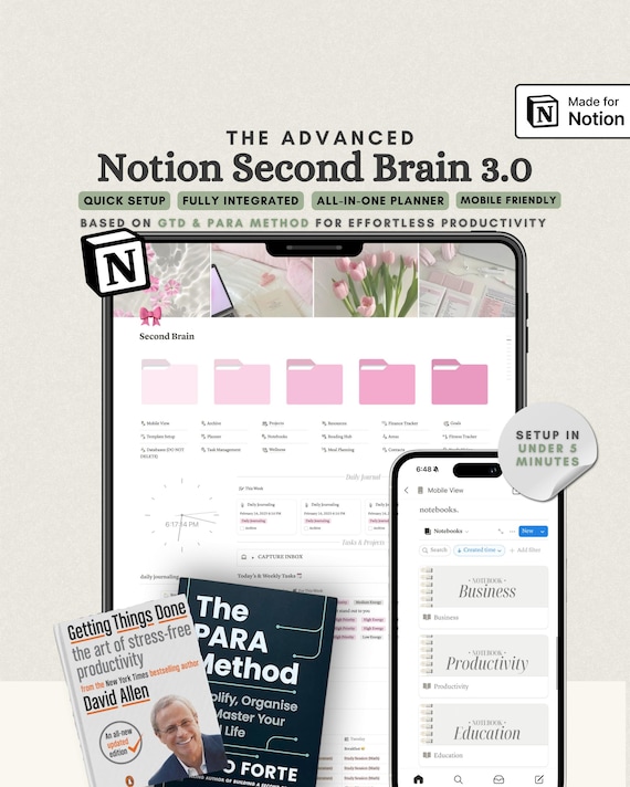 The Ultimate Notion Second Brain GTD Notion Template PARA Method Notion Life Planner Template All-In-One Pink Notion Template