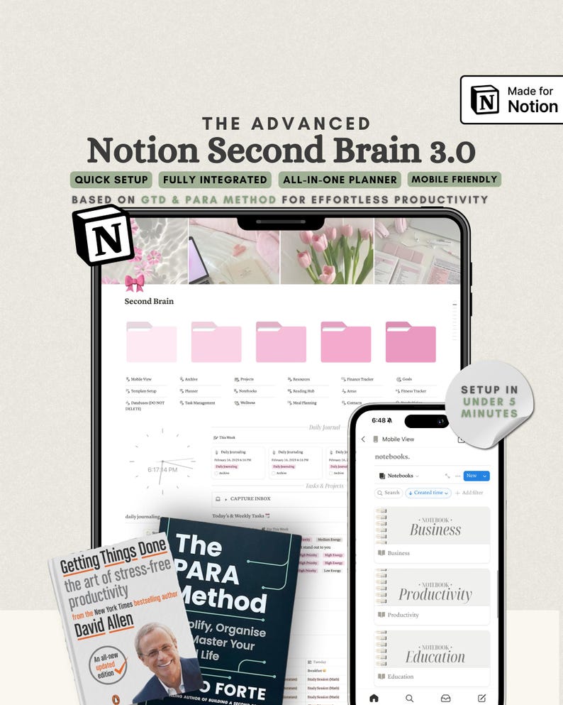 The Ultimate Notion Second Brain GTD Notion Template PARA Method Notion Life Planner Template All-In-One Pink Notion Template image 1