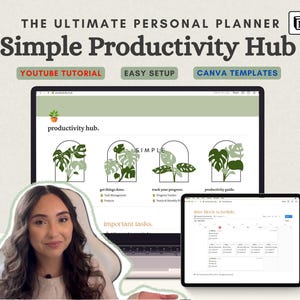 May include: A laptop screen displaying a productivity hub with a simple design. The screen shows a green plant icon, the word "SIMPLE", and a list of tasks. A tablet screen shows a weekly schedule. The text "productivity hub." is visible on the laptop screen.
