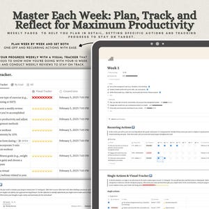 May include: A digital productivity planner displayed on a tablet and a separate document view. The text reads Master Each Week: Plan, Track, and Reflect for Maximum Productivity. It features a visual tracker with emoji progress bars, weekly review sections, and lists for recurring and single actions to manage tasks.