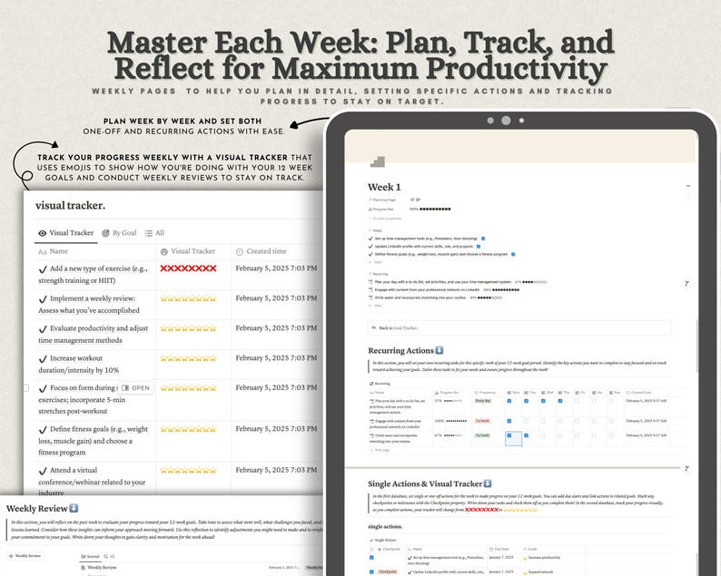 May include: A digital productivity planner displayed on a tablet and a separate document view. The text reads Master Each Week: Plan, Track, and Reflect for Maximum Productivity. It features a visual tracker with emoji progress bars, weekly review sections, and lists for recurring and single actions to manage tasks.