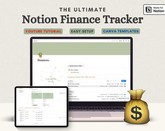 May include: A screenshot of a Notion page with a finance tracker template. The page has a green background and includes a clock, a list of transactions, and a quick start guide. The text "finances." is displayed in a green box at the top of the page. The text "transactions for this week" is displayed in a red box. The text "Quick Start Guide" is displayed in a yellow box. The text "Made for Notion" is displayed in a blue box.