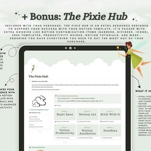 May include: A digital display showing The Pixie Hub Notion template interface with sections for Start here, Notion 101, Stick With It, Notion Productivity, Notion Aesthetics, and Freebies, accompanied by a fairy illustration and text details.