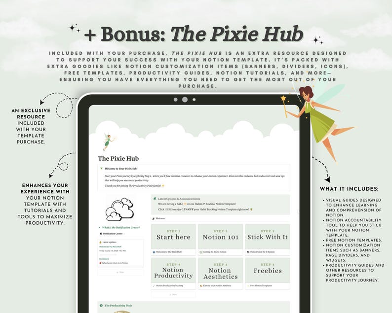 May include: A digital display showing The Pixie Hub Notion template interface with sections for Start here, Notion 101, Stick With It, Notion Productivity, Notion Aesthetics, and Freebies, accompanied by a fairy illustration and text details.
