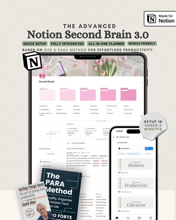 The Ultimate Notion Second Brain GTD Notion Template PARA Method Notion Life Planner Template All-In-One Pink Notion Template