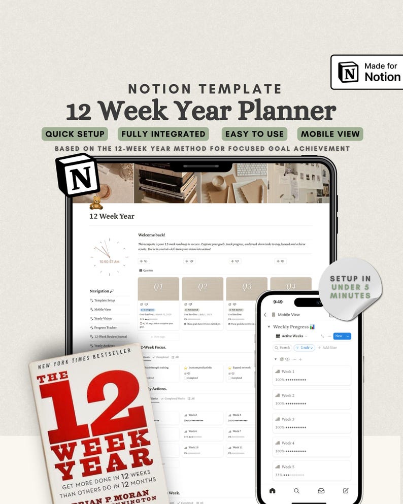 May include: A Notion template for a 12 Week Year planner displayed on a tablet and smartphone screen. The interface features goal tracking sections, a weekly progress view, and navigation menus. A book titled The 12 Week Year is visible in the corner.