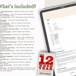 May include: A digital planning template featuring a list titled What's included with twenty numbered points, a tablet screen displaying a Q1 goal tracking interface, and a copy of the book The 12 Week Year by Brian P. Moran and Michael Lennington.