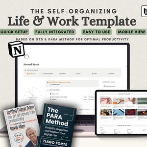 GTD Planner Notion, Notion Life Planner Second Brain, Work and Task Management, ADHD Friendly Notion Project Template, Minimalist Notion
