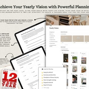 May include: A digital yearly planning template displayed on multiple screens, featuring sections for reflecting on the past year, setting life visions, and creating goal lists. The layout includes text prompts, a vision board, and a 12-week year book.