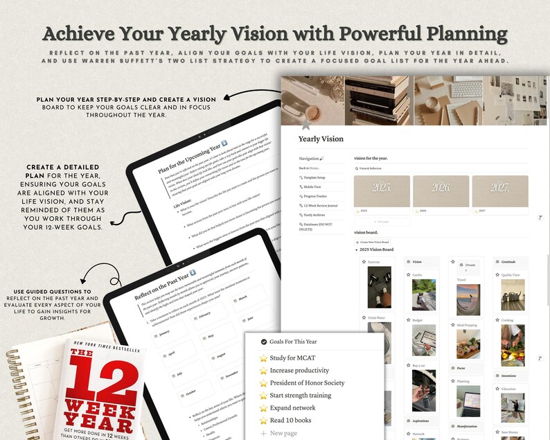 May include: A digital yearly planning template displayed on multiple screens, featuring sections for reflecting on the past year, setting life visions, and creating goal lists. The layout includes text prompts, a vision board, and a 12-week year book.