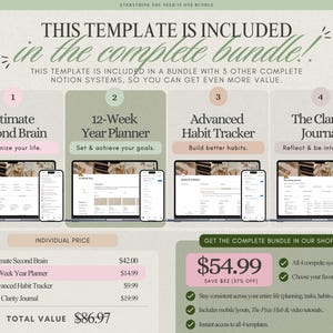 May include: A digital product bundle advertisement featuring four Notion templates: Ultimate Second Brain, 12-Week Year Planner, Advanced Habit Tracker, and The Clarity Journal. Each template is displayed on a laptop and smartphone screen.