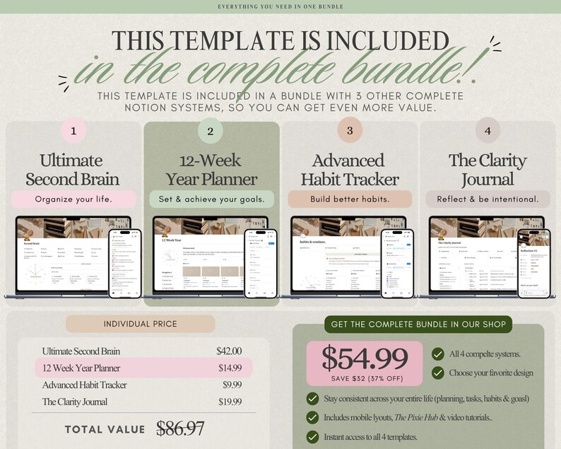 May include: A digital product bundle advertisement featuring four Notion templates: Ultimate Second Brain, 12-Week Year Planner, Advanced Habit Tracker, and The Clarity Journal. Each template is displayed on a laptop and smartphone screen.